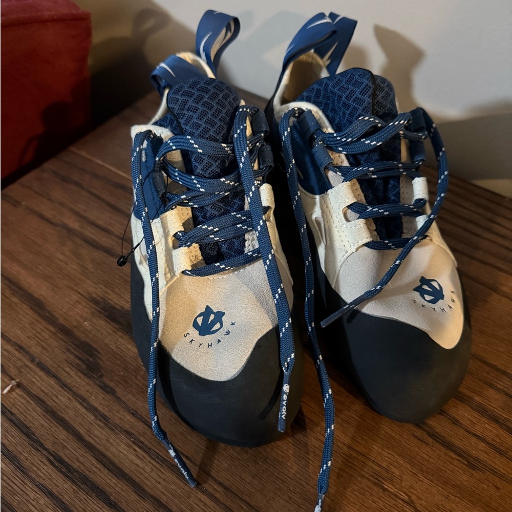 Blue and Cream Evolv Skyhawk Climbing Shoes- Women’s 6.5